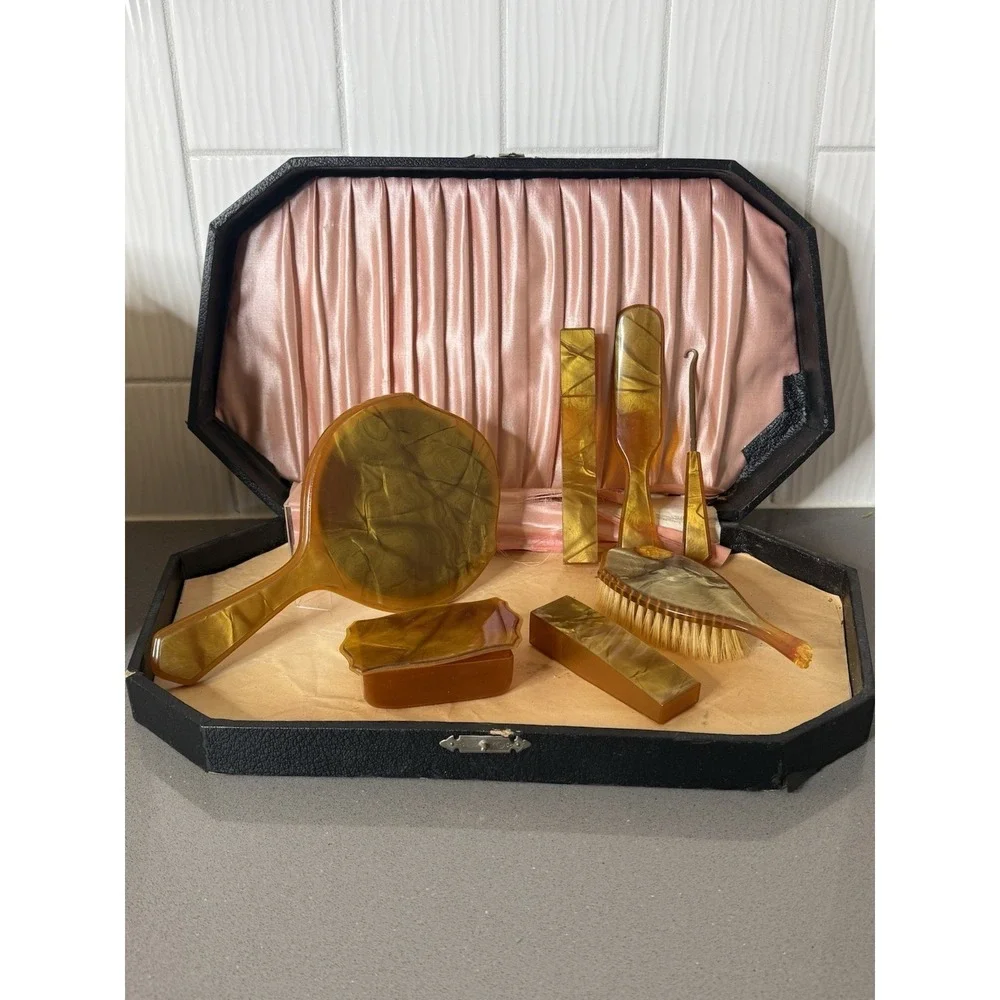 Vintage Bakelite (Tested) 8 Piece Art Deco Vanity Set 1930's with Original Case